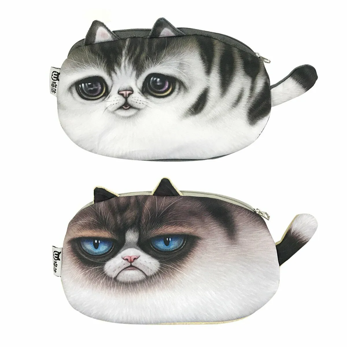 2 Pack 3D Cat Face Pencil Pouches Kitty Holders Cases Cosmetic Bag Organizers US