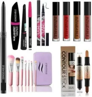 Bingeable Kajal& 3 In1 Waterproof Eyeliner, mascara, Kajal& 36H Eyeliner& 7 Pcs Brush(HK)& 2in1 Contour Stick& 4Pcs R.E.D Mini Lipstick (9 Items in the set)