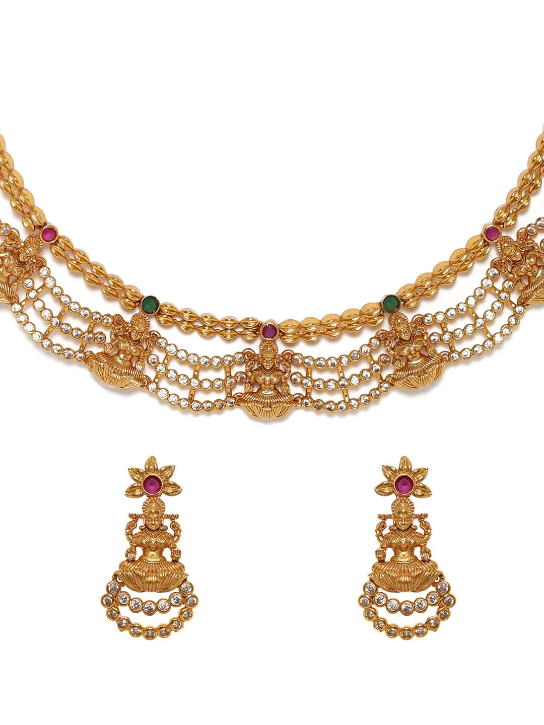 Rubans 22K Gold Plated Kemp Red & Zirconia Crystal Studded Handcrafted Temple Necklace Set