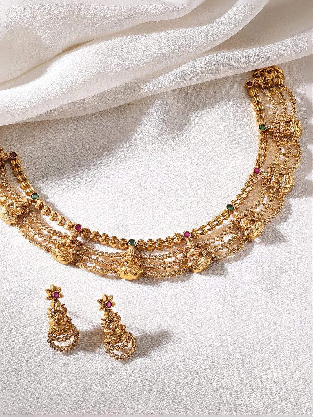 Rubans 22K Gold Plated Kemp Red & Zirconia Crystal Studded Handcrafted Temple Necklace Set