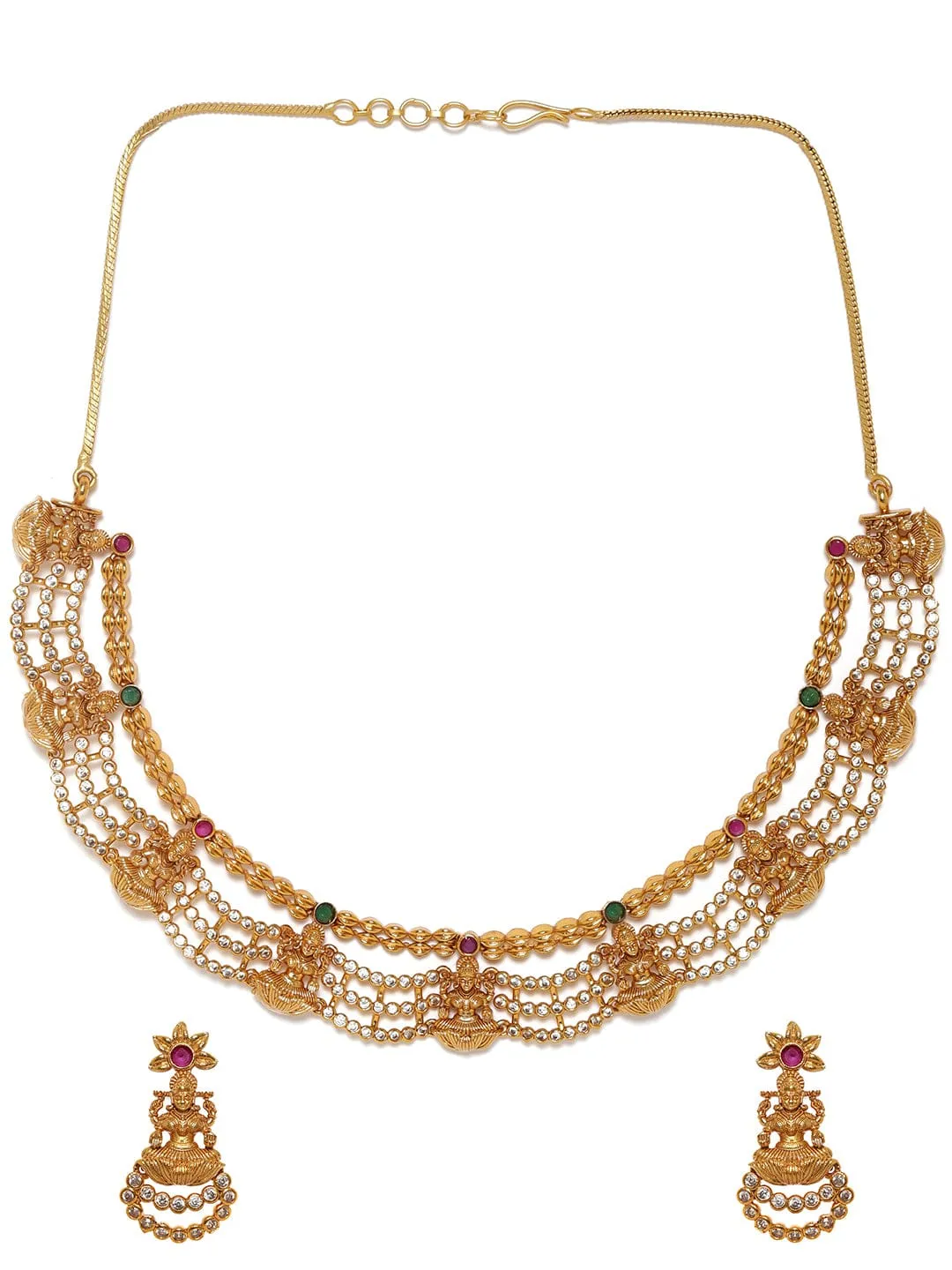 Rubans 22K Gold Plated Kemp Red & Zirconia Crystal Studded Handcrafted Temple Necklace Set